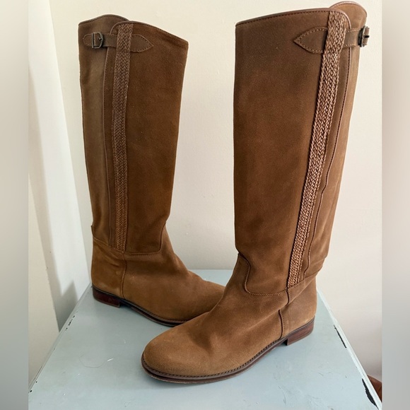 Anthropologie x Andrea Candela Olimpia Tan Brown Suede Knee-High Riding Boots 9 - Picture 2 of 11